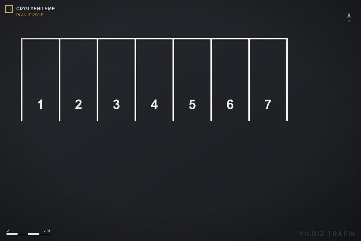 Solmuş çizgileri yenilenmiş AVM otoparkında net beyaz park yeri çizgileri